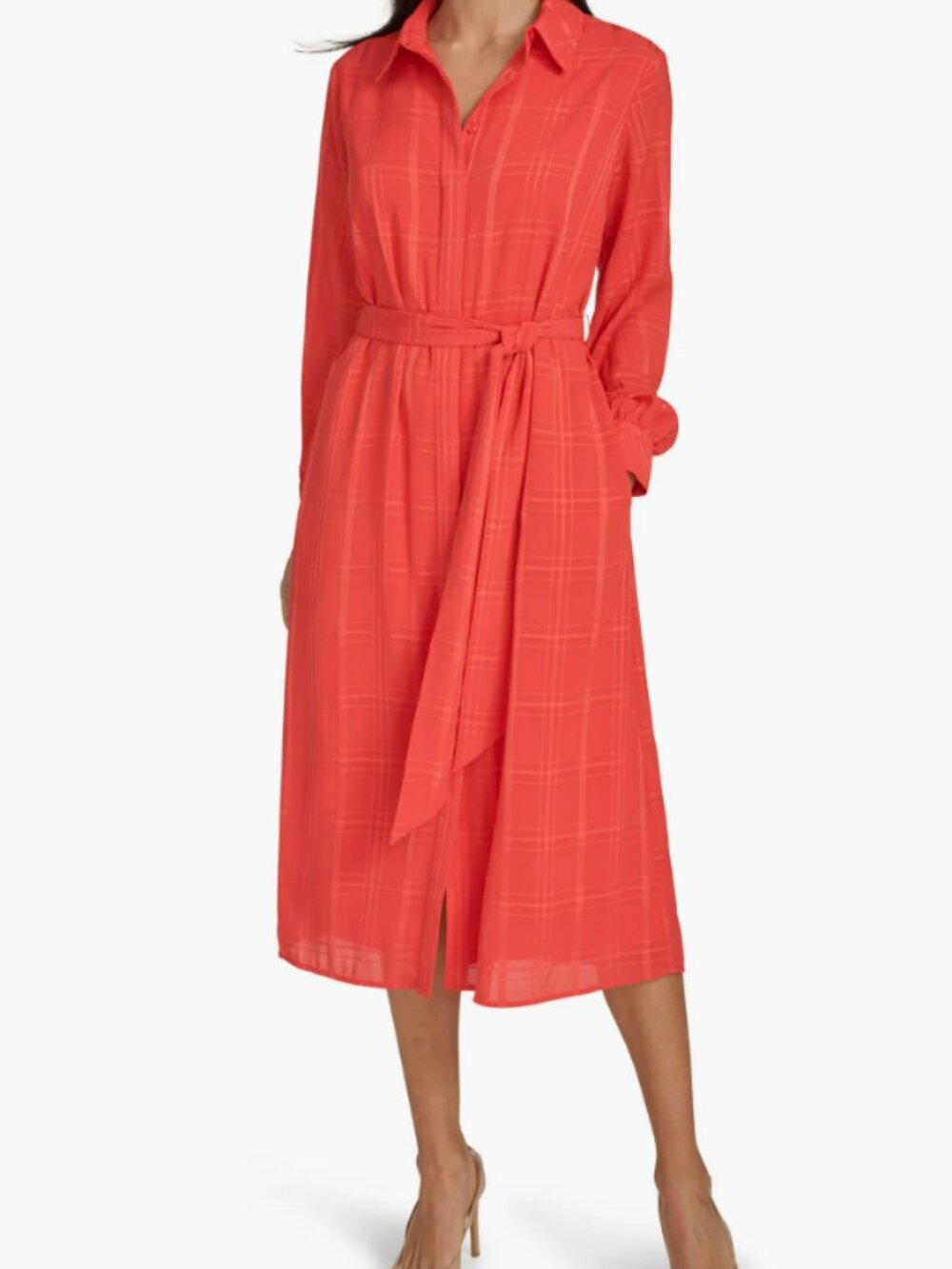 Calvin Klein Plaid Long Sleeve Chiffon Shirtdress Orange Size 10 NWT's